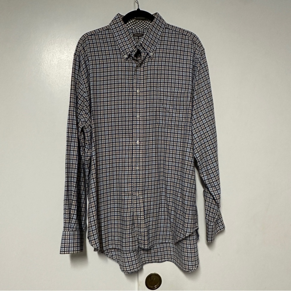 J. McLaughlin Mens Brown blue plaid check button down shirt size XL